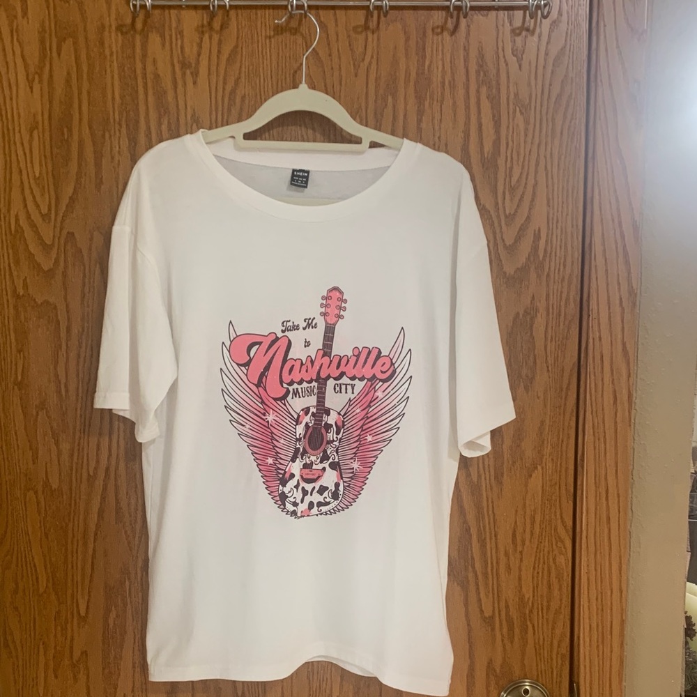SHEIN White Short Sleeve Graphic Tee with Pink Nashville Design